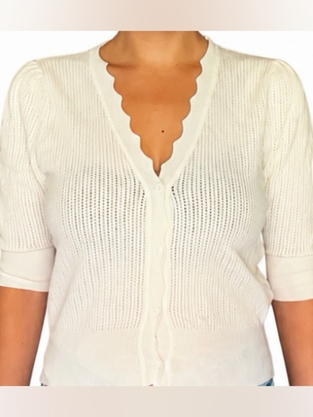 Grace Karin White Scalloped V-Neck Knit Cardigan